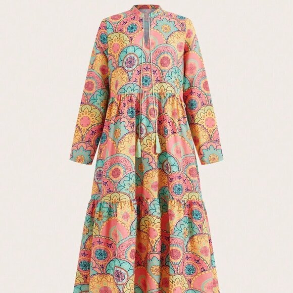 Multicolor Boho Womens Tie-Front Neck Loose Fit Printed Maxi Dress - Picture 2 of 5